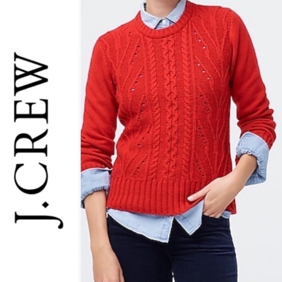J.Crew Cable knit Sweater red wool blend pullover crewneck long sleeve XS S - Picture 2 of 10